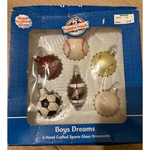 Boys Dreams North Pole 6 Hand Crafted Sports Glass Ornaments Baseball Football